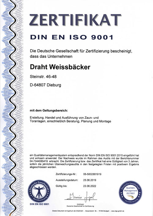 Bescheinigung zur DIN EN ISO 9001 Zertifizierung