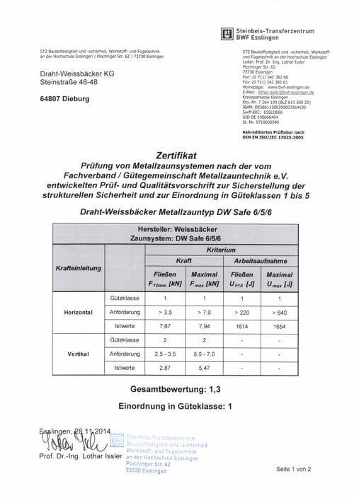 Das Dokument enthält Informationen über das Steinbeis-Transferzentrum (STZ) Bauteilfestigkeit und -sicherheit, Werkstoff- und Fügetechnik an der Hochschule Esslingen sowie Prüfergebnisse für Metallzaunsysteme des Herstellers Draht-Weissbäcker KG. Es umfasst Kontaktinformationen, Bankdaten, Akkreditierungsdetails und Prüfergebnisse für den Metallzauntyp DW Industrie 6/5/6. Die Prüfergebnisse sind in einer Tabelle dargestellt, die horizontale und vertikale Belastungskriterien sowie Istwerte und Anforderungen für verschiedene Güteklassen zeigt.   Die Gesamtbewertung des Zaunsystems beträgt 1,3, und es wird in Güteklasse 1 eingeordnet.  