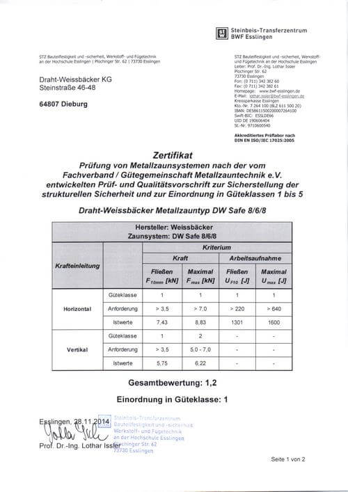 Das Dokument enthält Informationen über das Steinbeis-Transferzentrum (STZ) Bauteilfestigkeit und -sicherheit, Werkstoff- und Fügetechnik an der Hochschule Esslingen sowie Prüfergebnisse für Metallzaunsysteme des Herstellers Draht-Weissbäcker KG. Es umfasst Kontaktinformationen, Bankdaten, Akkreditierungsdetails und Prüfergebnisse für den Metallzauntyp DW Industrie 6/5/6. Die Prüfergebnisse sind in einer Tabelle dargestellt, die horizontale und vertikale Belastungskriterien sowie Istwerte und Anforderungen für verschiedene Güteklassen zeigt.   Die Gesamtbewertung des Zaunsystems beträgt 1,2, und es wird in Güteklasse 1 eingeordnet.  