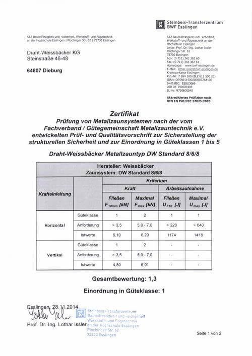Das Dokument enthält Informationen über das Steinbeis-Transferzentrum (STZ) Bauteilfestigkeit und -sicherheit, Werkstoff- und Fügetechnik an der Hochschule Esslingen sowie Prüfergebnisse für Metallzaunsysteme des Herstellers Draht-Weissbäcker KG. Es umfasst Kontaktinformationen, Bankdaten, Akkreditierungsdetails und Prüfergebnisse für den Metallzauntyp DW Industrie 6/5/6. Die Prüfergebnisse sind in einer Tabelle dargestellt, die horizontale und vertikale Belastungskriterien sowie Istwerte und Anforderungen für verschiedene Güteklassen zeigt.   Die Gesamtbewertung des Zaunsystems beträgt 1,3, und es wird in Güteklasse 1 eingeordnet.  